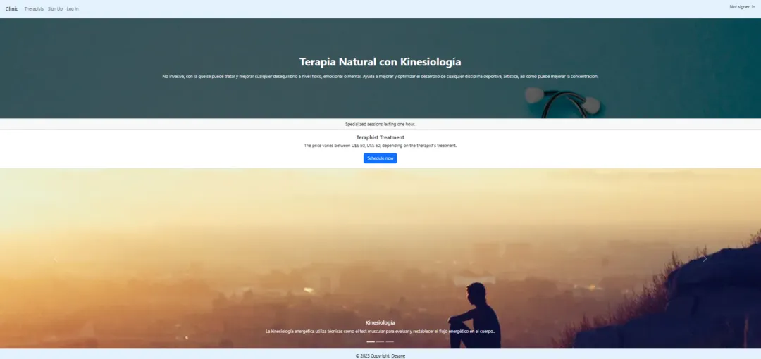 Página de inicio de Clinic App, con la sección de terapia natural con kinesiología