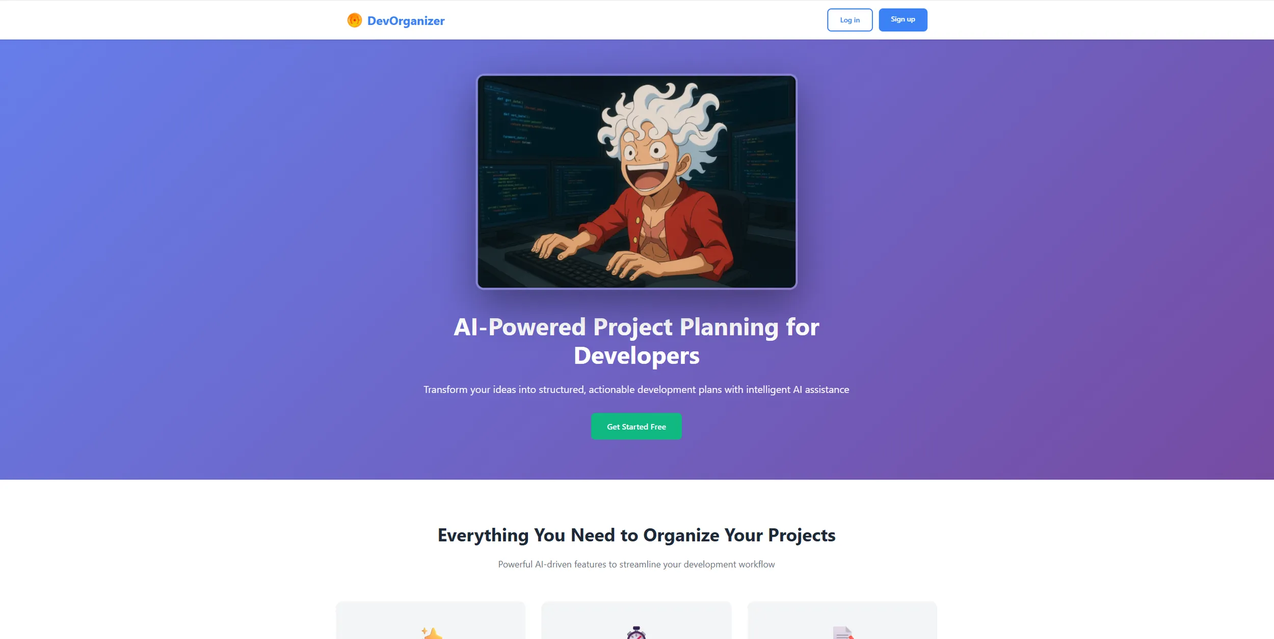 Página de inicio de DevOrganizer, planificación de proyectos con IA para desarrolladores
