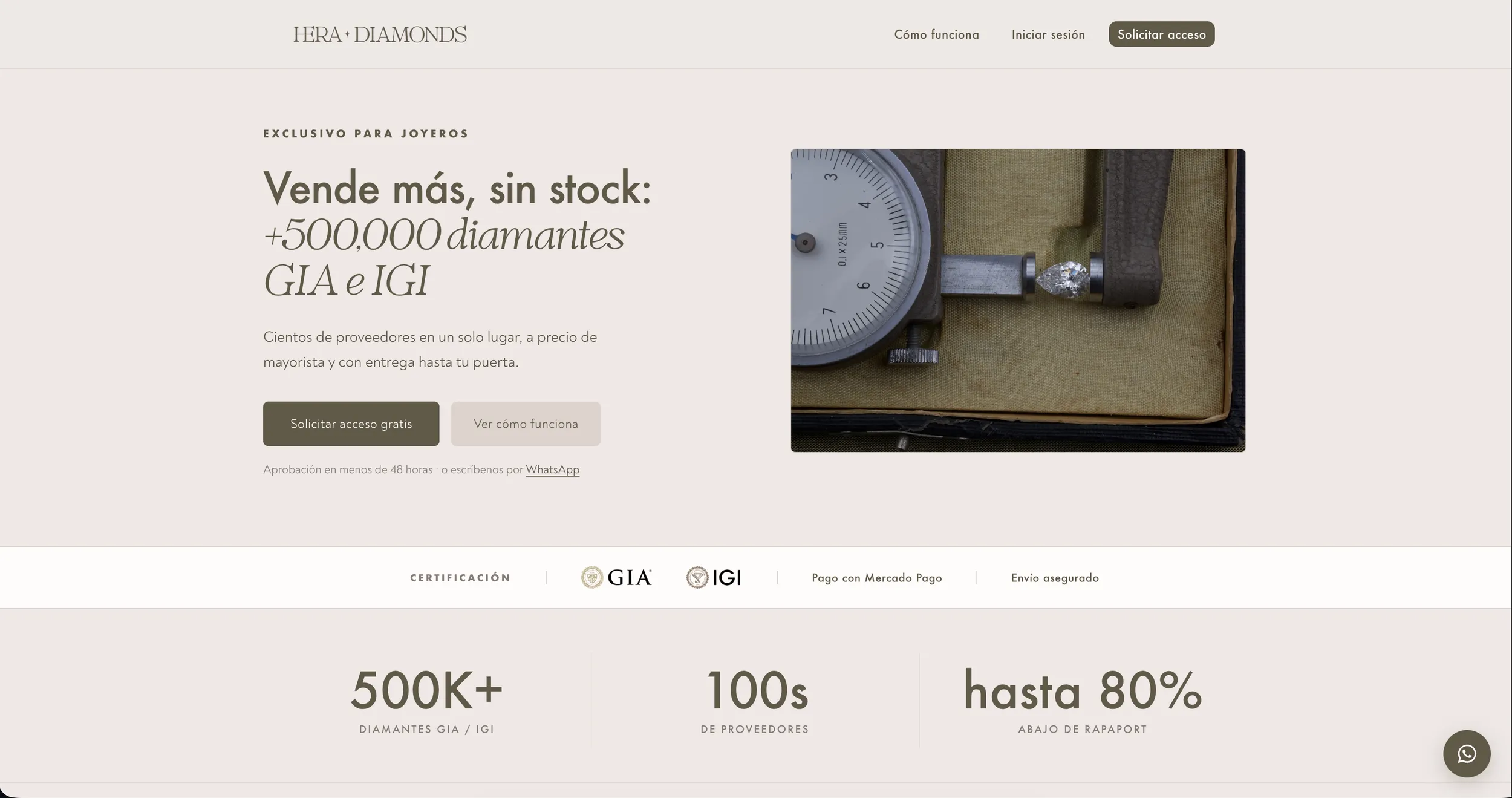 Página de inicio de Hera Diamonds, con el mensaje para joyeros y las certificaciones GIA e IGI