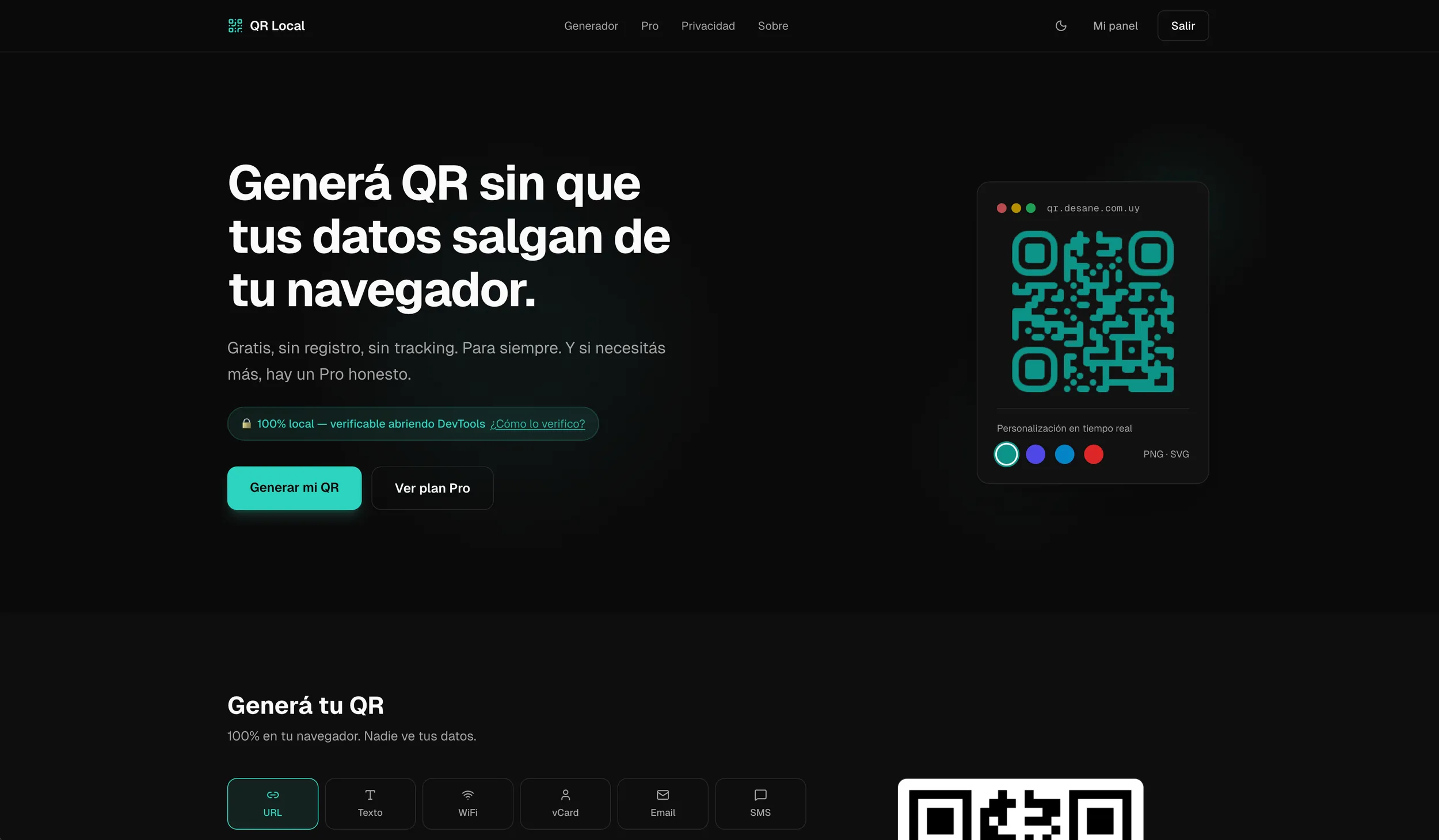 Página de inicio de QR FreeGen con el generador de códigos QR